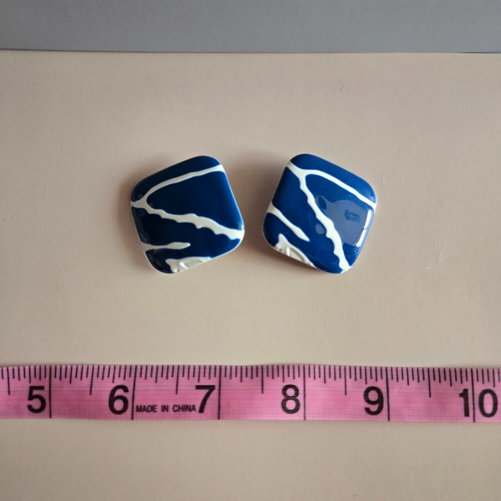 Vintage 1980s Blue‎ White Clip On Earrings Retro Statement - Picture 2 of 3
